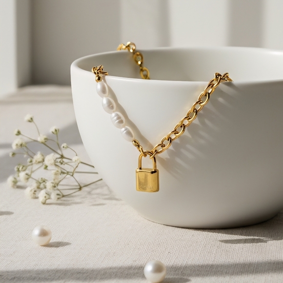 Stunning 18K Gold Plated Freshwater Pearl Necklace with Padlock Charm 🔒 ✨ - Picture 6 of 12